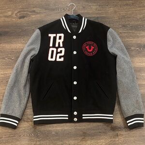 True Religion Black and Gray Bomber Jacket